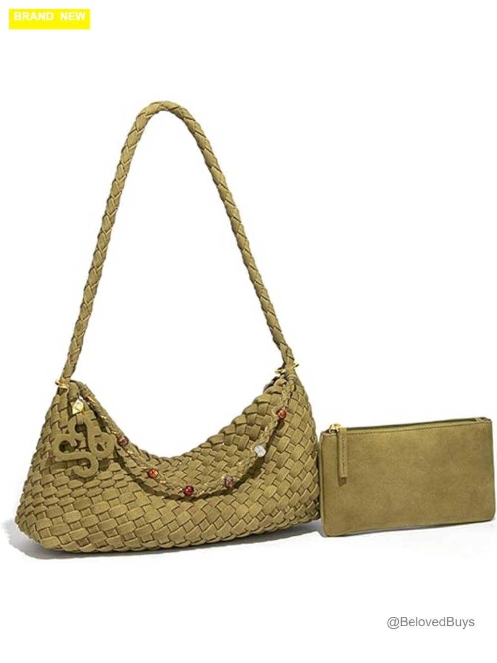 Faux Suede Woven Hobo Shoulder Bag with Pouch, Small Slouchy Tote